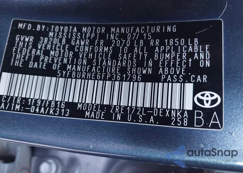 2015 Toyota Corolla Le z USA, uszkodzony, nr VIN 5YFBURHE6FP361796